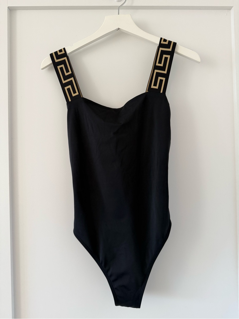 Versace Black One-Piece Swimsuit with Gold Greek Key Straps